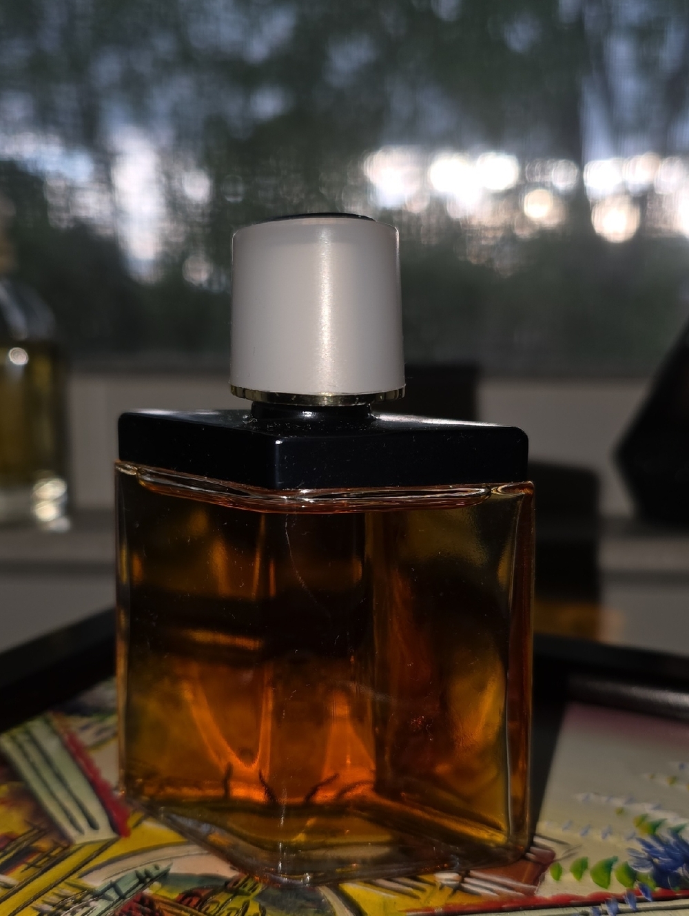 Mary Kay Amber Glass Square Fragrance Bottle with Black Collar and White Cap